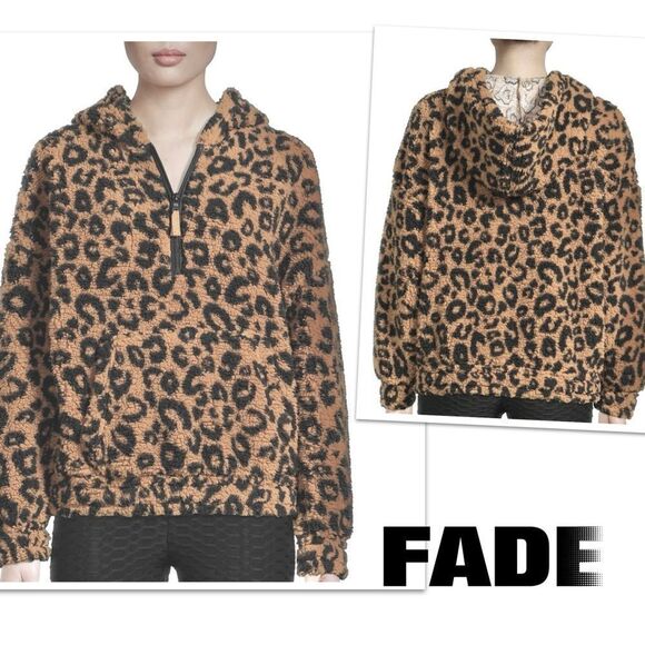 FADE Junior Leopard Print Half-Zip Faux Sherpa Hoodie, Size Large - Picture 2 of 15